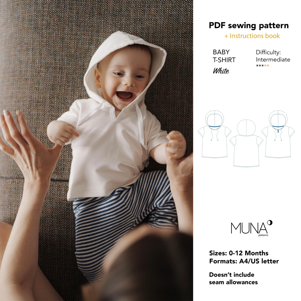 Baby White Tshirt PDF sewing pattern. Size 012 M. A4