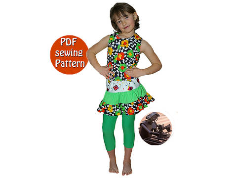 Reversible blouse ruffle skirt & skintight leggings - Girl sizes - French/english PDF sewing pattern