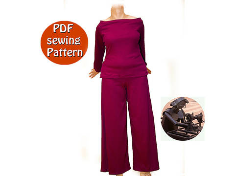 Extensible high waisted pants and sweater for women - Sizes 50 52 54 56 (US 24 26 28 30) - French/english PDF sewing pattern