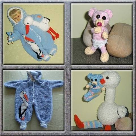Tauf-Geschenk; Babyanzug und Storch mit Teddy,von DaDaDe