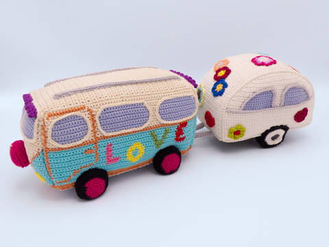 Häkelanleitung: Hippie Bus mit Wohnwagen