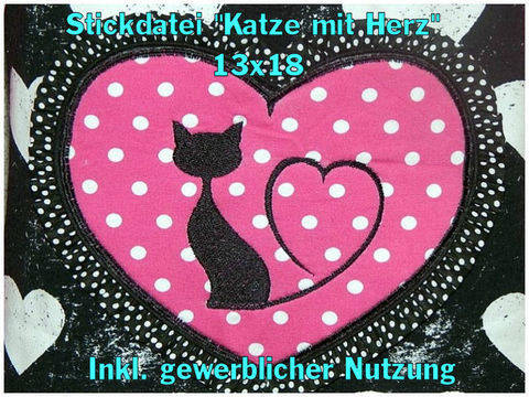 Stickdatei Katze mit Herz 13x18 Füllstich