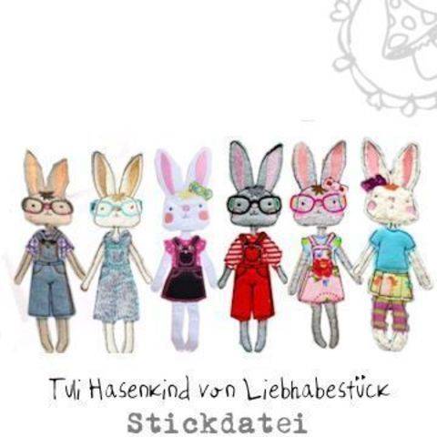 Tuli Hasenkind, ein Anziehhäschen das einen ganzen Kleiderschrank an Anziehsachen mitbringt inclusive Hornbrille. In vielen Größen