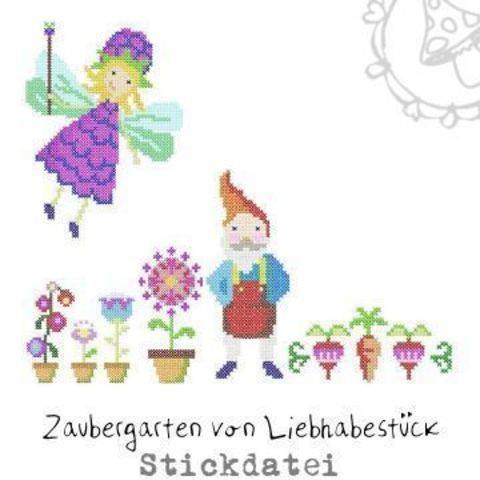 Kreuzstich Stickdatei "Zaubergarten" mit Gartenzwergen und Gartenelfen. Für die Stickmaschine