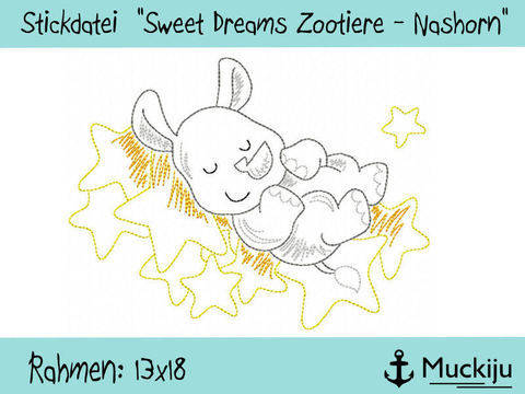 Stickdatei 13x18 "Nashorn - Sweet Dreams Zootiere" Redwork