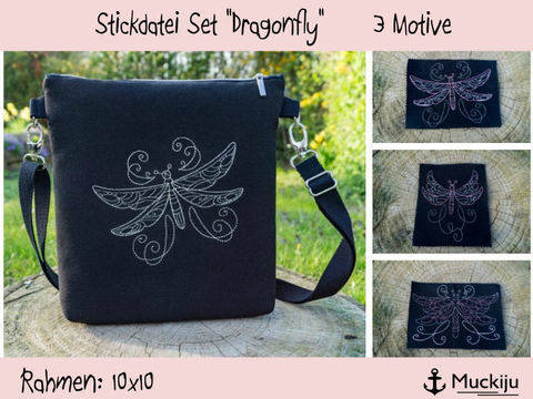 Stickdatei Set 10x10 "Dragonfly" Libellen Redwork