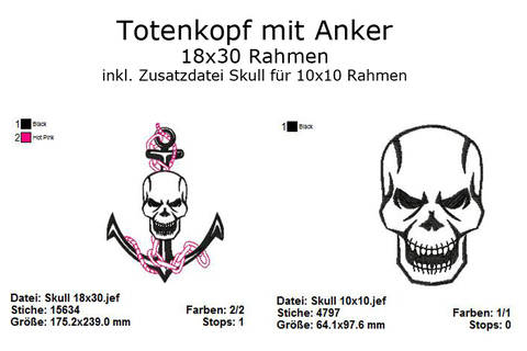 Stickdatei Skull mit Anker Totenkopf Rahmen 18x30