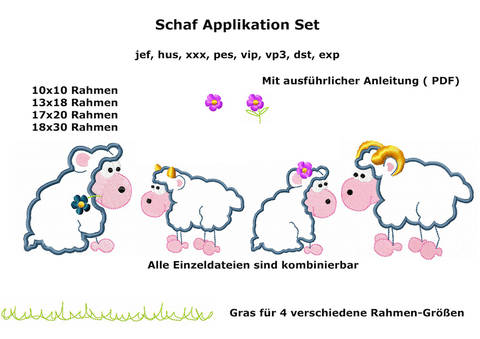 Stickdatei Schafe Applikation 18 teilig Rahmen 10x10 / 13x18 und 17x20