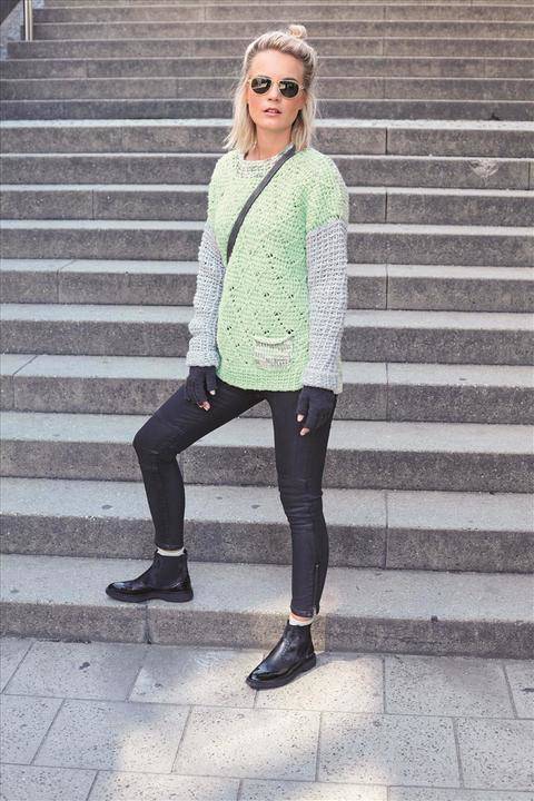 Tunesisch gehäkelter Pullover in Rauten-Gitter-Weboptik aus Merino-Baumwollgemisch