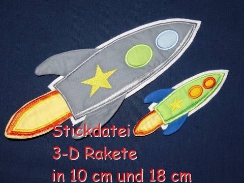 Stickdatei 3-D Rakete in 10 cm und 18 cm