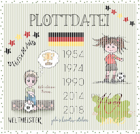 Plotterdatei Yela`s Kreativ Atelier " Weltmeister 2018 " KOMPLETTPAKET Junge/Maedchen plus Wordarts