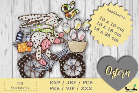 Osterhase mit Fahrrad - Doodle Applikation Stickdatei