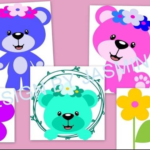 Plotterdatei SVG Teddy Bär Geburtstag Blume bunt Set4