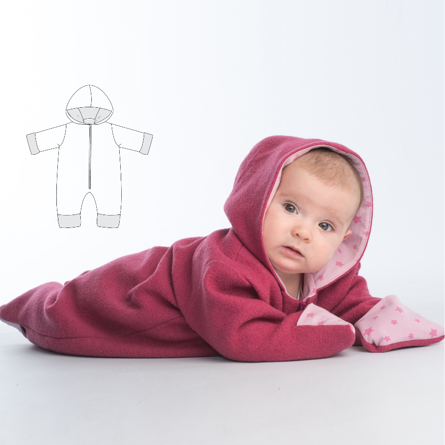 Baby Lined Bodysuit with hood, mitten cuffs and footie cuffs