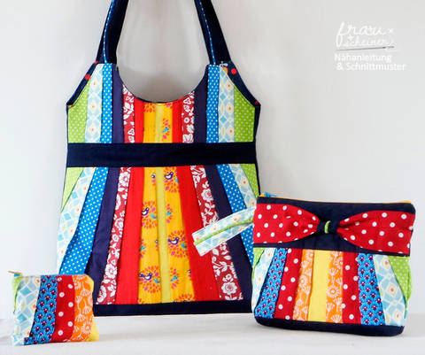 Taschenset: Schultertasche, Clutch und Geldbörse mit Plissee & Schleife